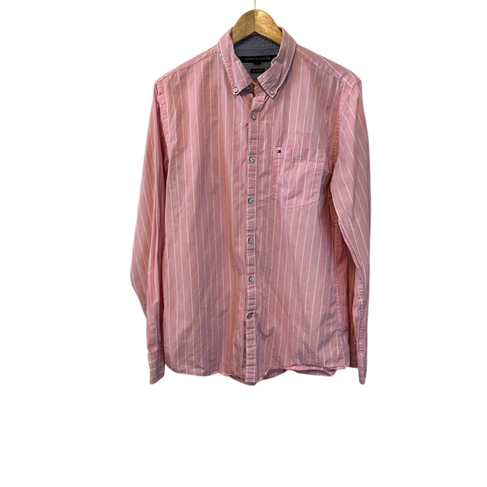 MENS TOMMY HILFIGER Pink Striped Button Up
Collared Shirt L